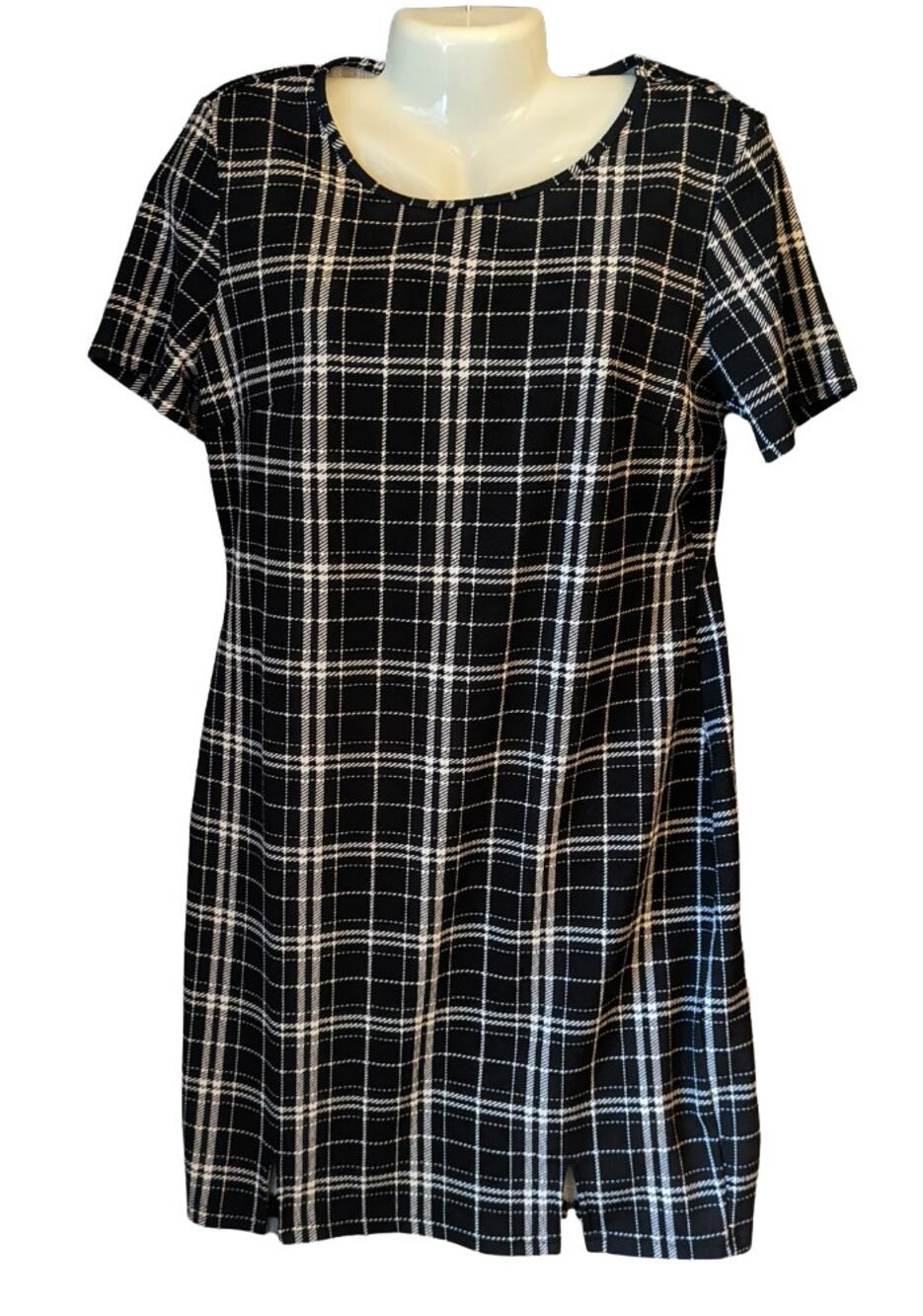 NWT SHEIN Plus Black White Slit Hem Plaid Short Sleeve Mini Dress 14 1XL